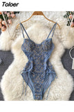 See Through Mesh Patchwork Flowers Embroidery Bodysuit Women Adjustable Spaghetti Strap Padded Lace Up Bandage Body