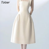 Square Collar Dress Women Vintage Sleeveless Button High Waisted Elegant Bodycon Dress Spaghetti Strapped Luxury