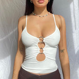 Metal Ring Hollow Out Black Vest Tops Sexy Rave Club Outfits Sleeveless Corsets Cropped Tee Female Summer Tanks
