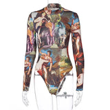 Winter Women's Body 2020 New Vintage Print O-Neck Long Sleeve Bodysuit Women Clothes Sexy Outfits