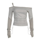 Girl Style Solid Color Collar Shoulder Rope Slim Long-Sleeved Functional T-Shirt 2024 Spring New Style-Outfit