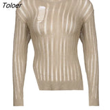 Knitted Pullover Sweaters Women Autumn High Street Casual Long Sleeve Tops Sexy Hole See Through Pullover Y2K