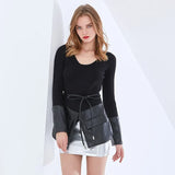 Elegant Patchwork Pocket PU Leather Sweater For Women O Neck Long Sleeve Lace Up Bowknot Slim Sweaters Female