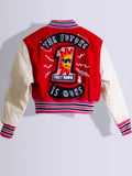 Autumn Letter Print Patchwork Varsity Jackets Casual Outfit For Women 2023 Long Sleeve Button Up Cropped Jacket