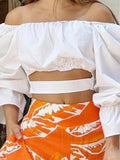 Set Women Solid Slash Neck Full Sleeve Off Shoulder Tops Two Piece Sets Loose Casual Print Long Pants High Waist 2024-Outfit