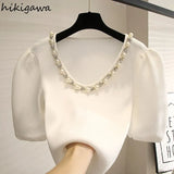Sweaters 2023 Women Clothes V-neck Beading Pullover Fashion Korean Woman Puff Sleeve Sweater Elegant Tops Pull