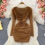 Autumn Sexy Black/Brown Draped Mesh Bodycon Dress Women Elegant Square Collar Long Sleeve High Waist Club Party Vestidos