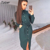 Lady Shirt Dress Fashion Slim Long Sleeve Button Sashes Turn-down Collar Midi Dresses 2022 Spring Autumn Women's