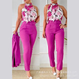 Print Tank Top & High Waist Pants Set With Belt Women Flower Two Piece Set Halter Bow Crop Top Harem Trousers Summer-Outfit