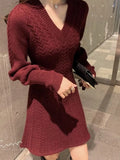Lace-up Lantern Sleeve A-line Knitted Dress Temperament V-Neck Twist Pattern Knit Sweater Dress Women Autumn Winter