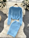 Winter Women Warm Sweater Suits Short Knit Top+High Waist Slim Skirt Sweet Streetwear Knitted Two Pieces
