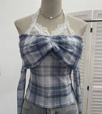 Hanging Neck Shoulder Mesh Yarn Long-Sleeved Top Design Y2k Short Repair T-Shirt