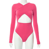 ArtsuWomen Sexy Cross Tops Hollow Out Rompers Slim Lady Summer Long Sleeves Bandage Skinny Bodysuit Bodycon