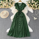Red Dot V-Neck Women's Short-Sleeved Dress Summer Single Buckle Tie With Thin A-Word Mid-Long