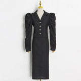 TWOTWINSTYLE Solid Color Two Piece Set For Women V Neck Puff Sleeves Shirts Top High Waist Straight Skirts Female Suits 2022