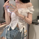 Vintage Kawaii Blouses Women Puff Sleeve Shirring White Shirt for Girl Summer Korean Fashion Preppy Style Sexy Crop