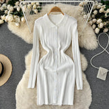 Autumn Striped Knitted Dress Women Lapel Button Sheath Warm Dress Ladies Fashion Solid Elastic Waist Sweater