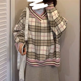 Plaid Knitted Sweater Women Pullover Oversized Winter Jumpers Casual Long Sleeve Sweaters Lady Loose V Neck Top Warm