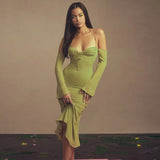 Toloer High Waist Hanging Neck Sexy Back Solid Color Slim Fish Tail Temperament Dress Long