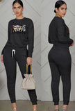 Casual Sports Cartoon Printed Ruched Bloused And Matching Dtrawstring Pants Two Piece