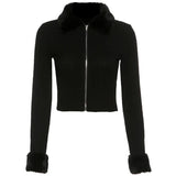 Winter Vintage Zip Up Fake Fur Callar Knitted Cardigans Fashion Solid Slim Long Sleeve Cropped Tops Sweet Jackets