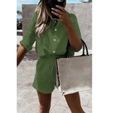 Celmia Loose Summer 2 PCS Sets Cotton Casual Lightweight Lapel Long Sleeve Shirt and Pleats Elastic Waist Short Suits Short