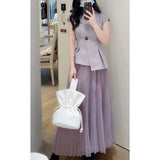 VAREY LIN New Summer Office Lady Two Piece Skirt Set Women V Neck Sleeveless Y2K Sets Top+high Waist A-line Pleated