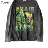 Loose Pullovers Women American Vintage Graffiti Print Pullover Cotton Long Sleeve T-shirt Men Hip-hop Washed Craft