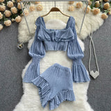 Ruffled Elastic Women Solid Set Square Neck Flare Sleeves Tops+ Mini Shorts French Style Elegant Two Piece