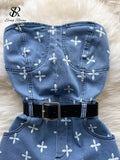 Denim Cross Print Women Jumpsuits Summer 2022 Fashion Sashes Pocket High Street Sexy Ladies Temperament