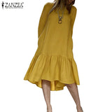 Dress Holiday Summer ZANZEA Short Sleeve Sundress Solid Casual Kaftan Ruffles Loose Vestidos Pockets O-Neck Robe