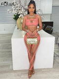 Streetwear Womens 2 Two Peice Sets Outfits Sleeveless Hollow Out Top Mesh Patchwork Pants Suits Pink Matching Sets
