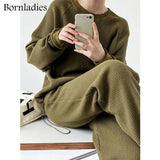 2022 Autumn Women Waffle Cotton Sweatshirt Suit Oversized Sets Female Loose Sweatshirt + Long Pants Suits Short