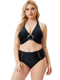Halter Plunge Neck Solid Lace Up Plus Size Two Piece