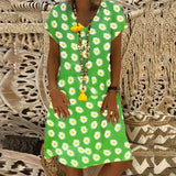 Summer Floral Summer Loose Dress Women V-neck Short Sleeve Plus Size Elegant Midi Dresses Beach Casual Boho Yellow