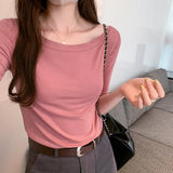 Solid Color Word Shoulder Slim Shows The Thin Bottom Shirt The Girl Autumn New Design Sense Middle Sleeve T-Shirt Hot Girl Blouse-Outfit