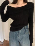 Autumn Off Shoulder Knit Pullover Women Design Sweet Long Sleeve Sweater Y2k Tops Korean Fashion Office Lady Outwear