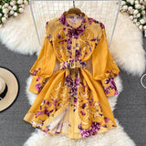 2022 Spring Runway Boho Mini Dress Women Shirt Lepal Long Sleeve Floral Print Female Chic Belt Holiday Dress