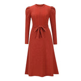 Puff Sleeve Solid Color Dress Round Neck High Waist Lace Temperament Thinner Knitted Base Sweater A-Line