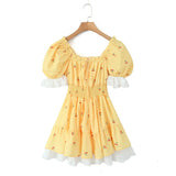 Princess Yellow Cherry Print Spliced Lace Corset Style Mini Dress Women Puff Sleeve Slim Waist Ruffle Hem Cake Party Robe-Outfit