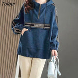 Thicken Hoodies Women Autumn Winter Trendy Hooded Coats Fashion Casual Temperament Half Zip Up Hoodie Design Splice