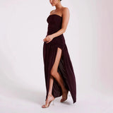 Sling With Slanted Shoulder Folded Open Fork A Plain Shoulder Dress Solid-Colored Long Dress Women's