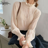 Spring New Pleated Women Shirts Fashion Office Lady Chiffon Blouse Women Stand Collar Flare Sleeve Solid Female Tops
