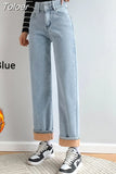 Winter New Women Thick Velvet Jeans Fleece Full Length Fashion High Waist Wide Leg Pants Jean Casual Warm Denim