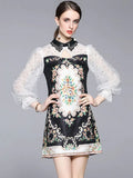 Summer Runway Designer Jacquard Mini Dress Women's Beaded Lapel Sequins Lace Patchwork Vintage Party Vestidos