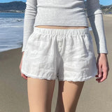 Style Buckle Solid Color Simple Woven Shorts Loose Waist Loose 100-Lap Spliced Lace Casual Trousers-Outfit