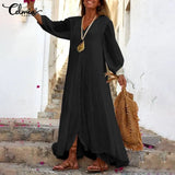 White Long Dress 2022 Celmia Bohemian Puff Sleeve Sexy V Neck Ruffled Maxi Dresses Casual Loose Button Solid Party