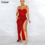 Sling Strap Sequin Sheer Mesh Patchwork Long Skinny Dress Sexy Split Party Dresses Vintage Vestidos Birthday Dress