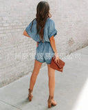 Piece Jeans Stretch Jumpsuits Women V Neck Short Sleeve Solid Denim Casual Rompers Ladies Lace Up Playsuits Pockets-Outfit