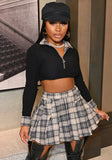 Plaid Collar Zipper Long Sleeve Crop Top And Mini Plaid Pleat